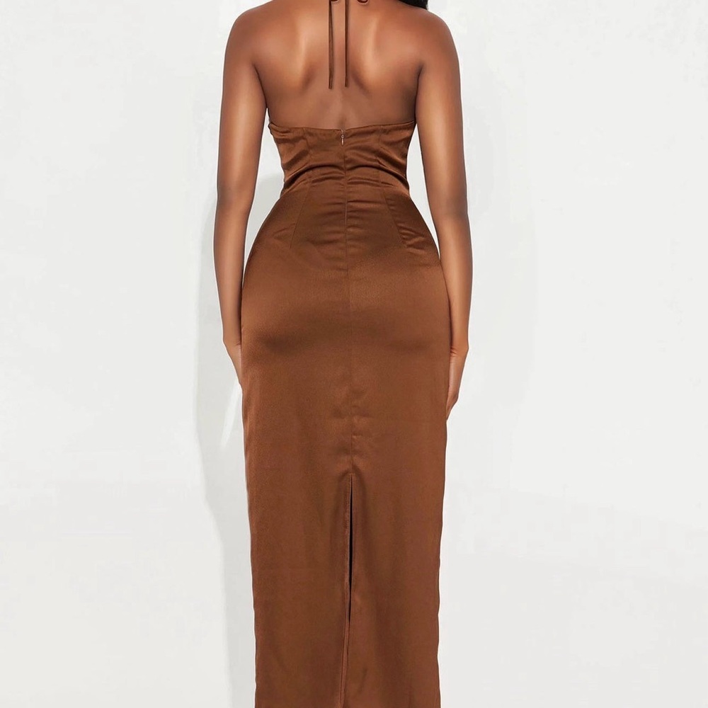 Chocolate Brown Lace-Detail Satin Evening Dress - Picture 3 of 4